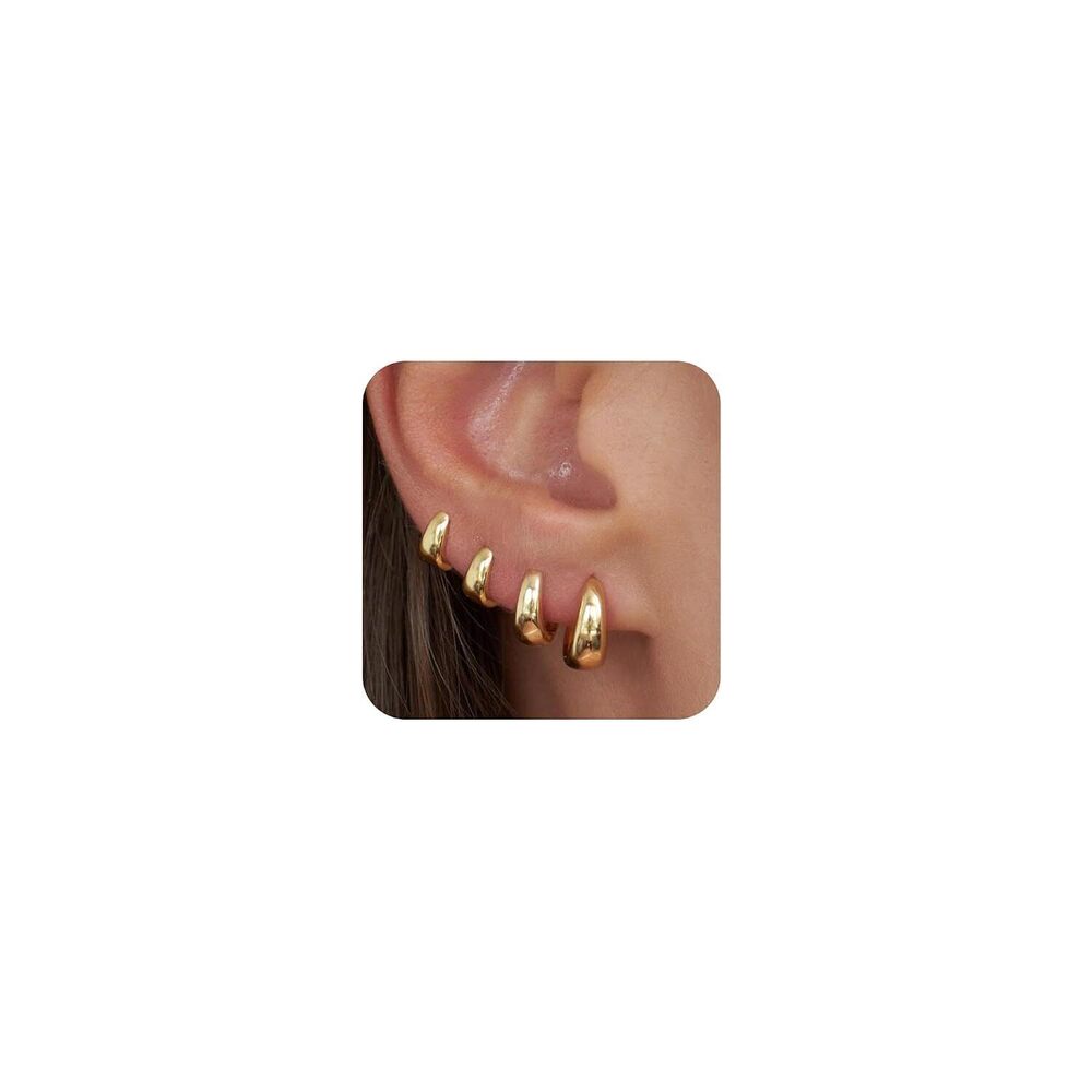 Chunky Gold Hoop Earrings 4 Pair Set, 14K Plated